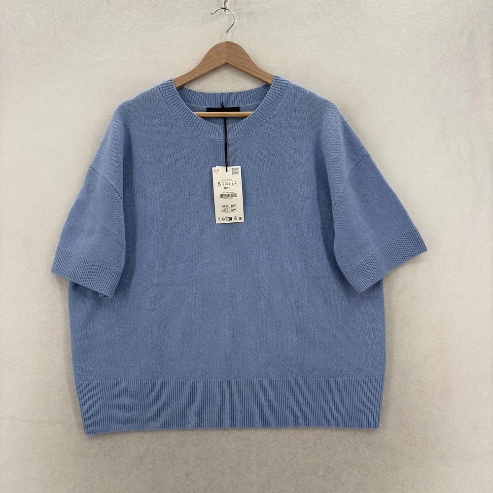 Zara Sweater Womens Small Blue 100% Wool Short Sleeve Crew Neck Knit Pullover